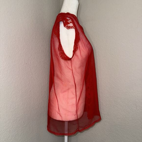 Vintage Red Trim Lace Short Sheer Mesh Nightie Robe Lingerie Women’s Small - Picture 3 of 9